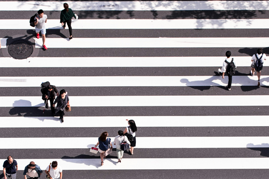 Aerial photo of people walking